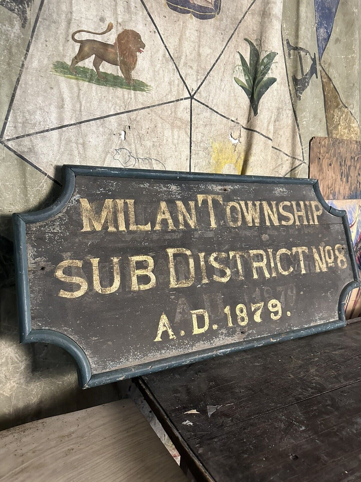 1879 Milan Michigan Folk Art Advertising sign Trade farmhouse Wood Detroit
