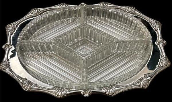 Vintage 1940's Chrome Glass Divided Appetizer Relish Tray Hors d'oeuvre Snack