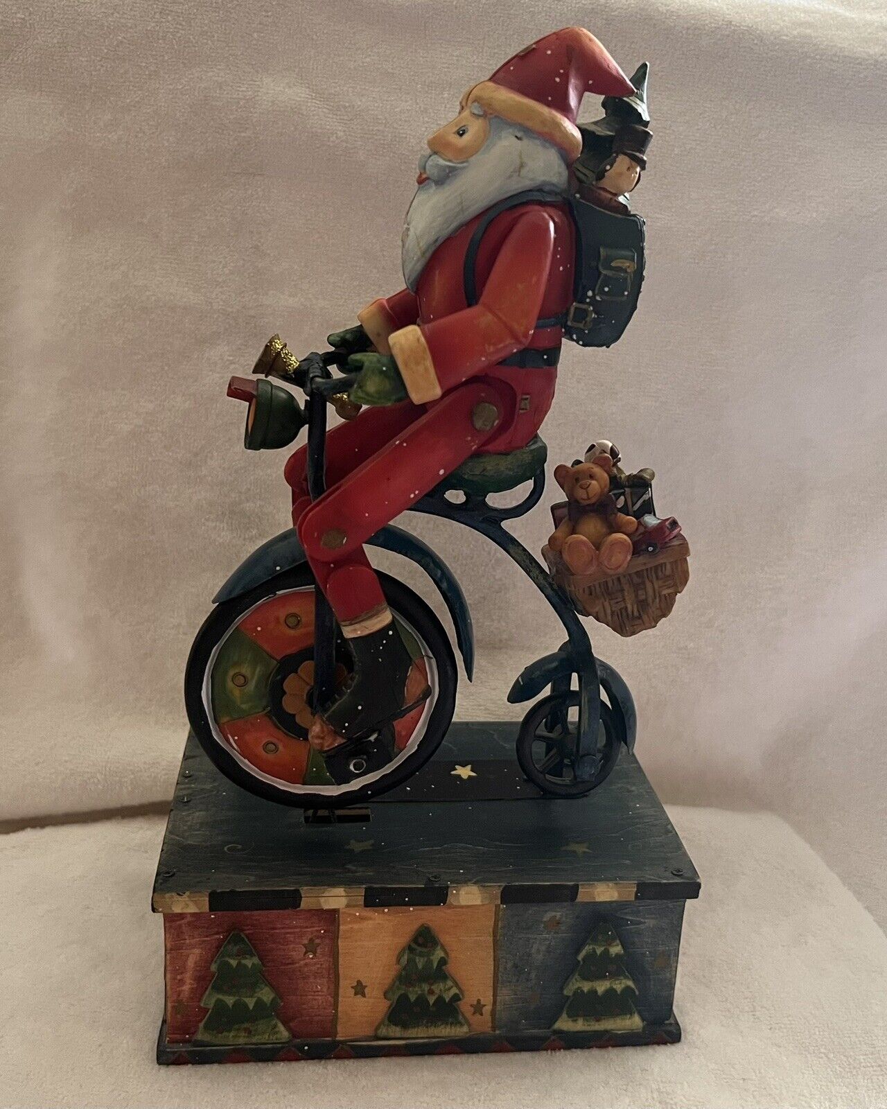 Vtg Christmas Animated Old World Santa Riding A Bike. Music Box. Works. 