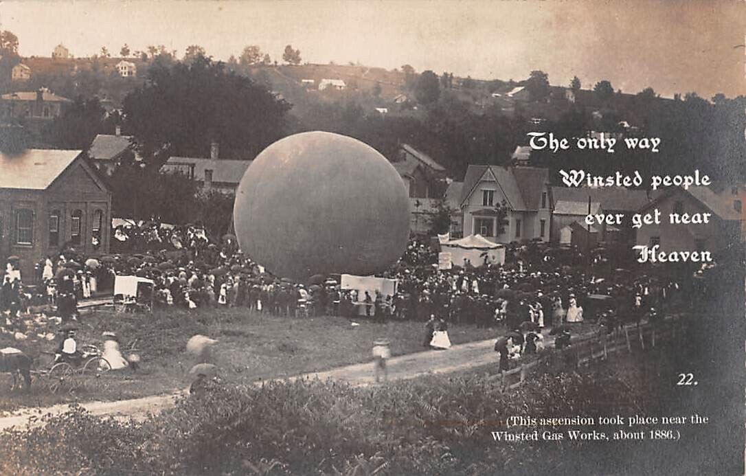 WINSTED, CT ~ BALLOON FLIGHT & PEOPLE IMAGE DEMING REAL PHOTO PC ~ 1903-06