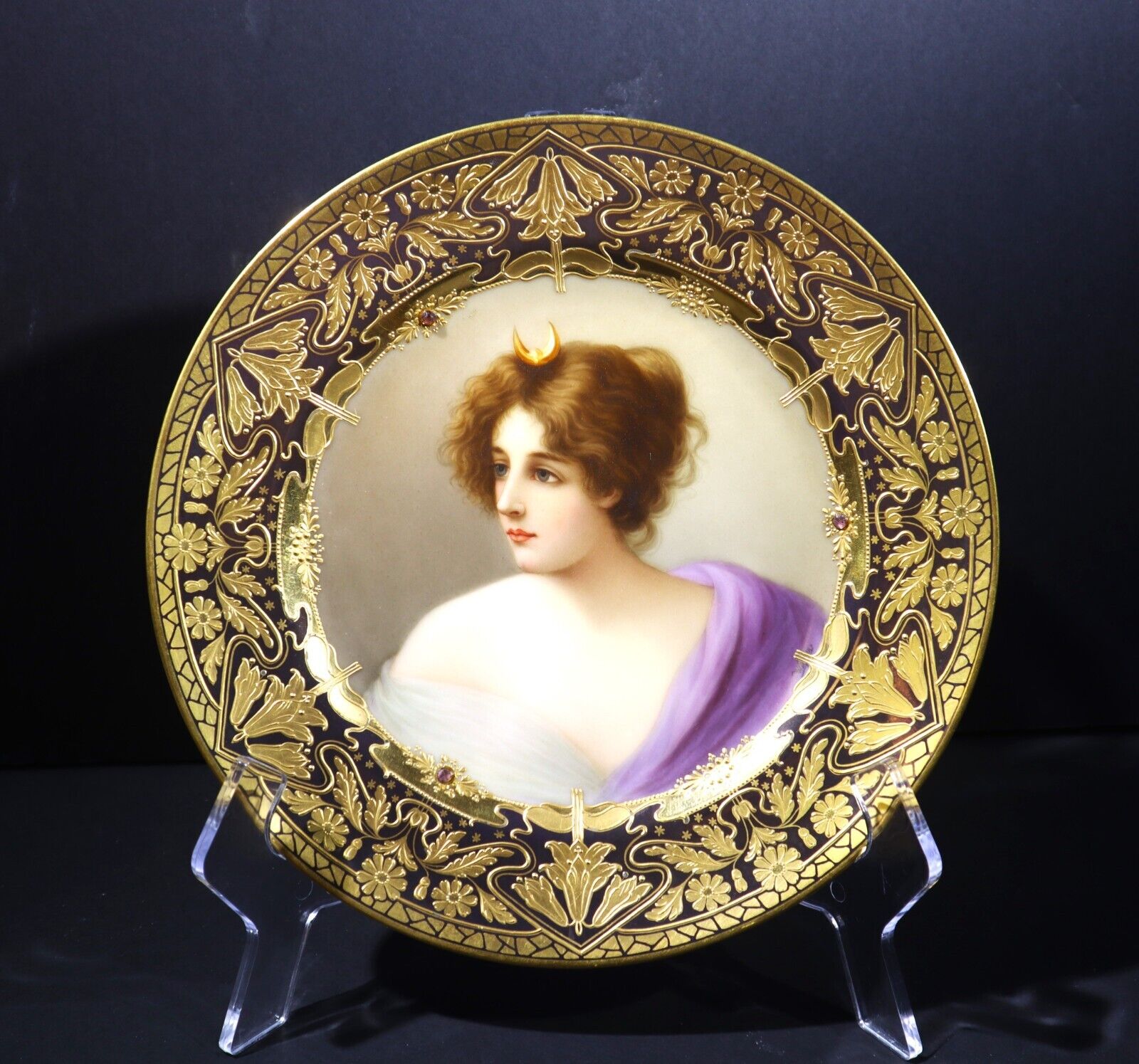 OUTSTANDING 1880s Royal Vienna Portrait Plate DIANA w/ AMETHYST JEWELS  WAGNER