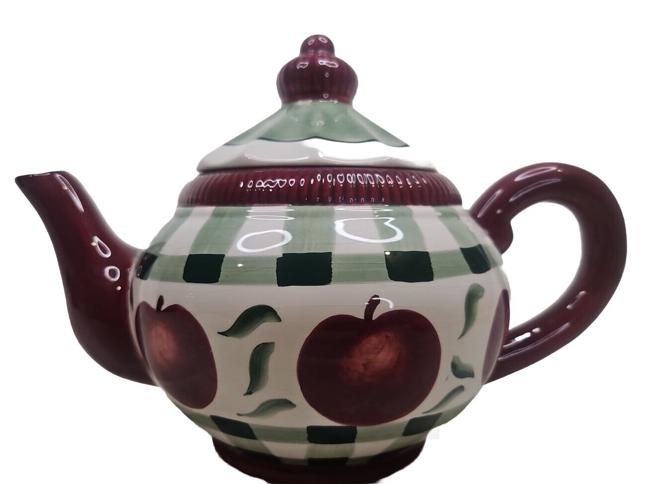 Large Ceramic Apple Tea Pot  Green, White, Plaid Young\'s Exclusive  1999 