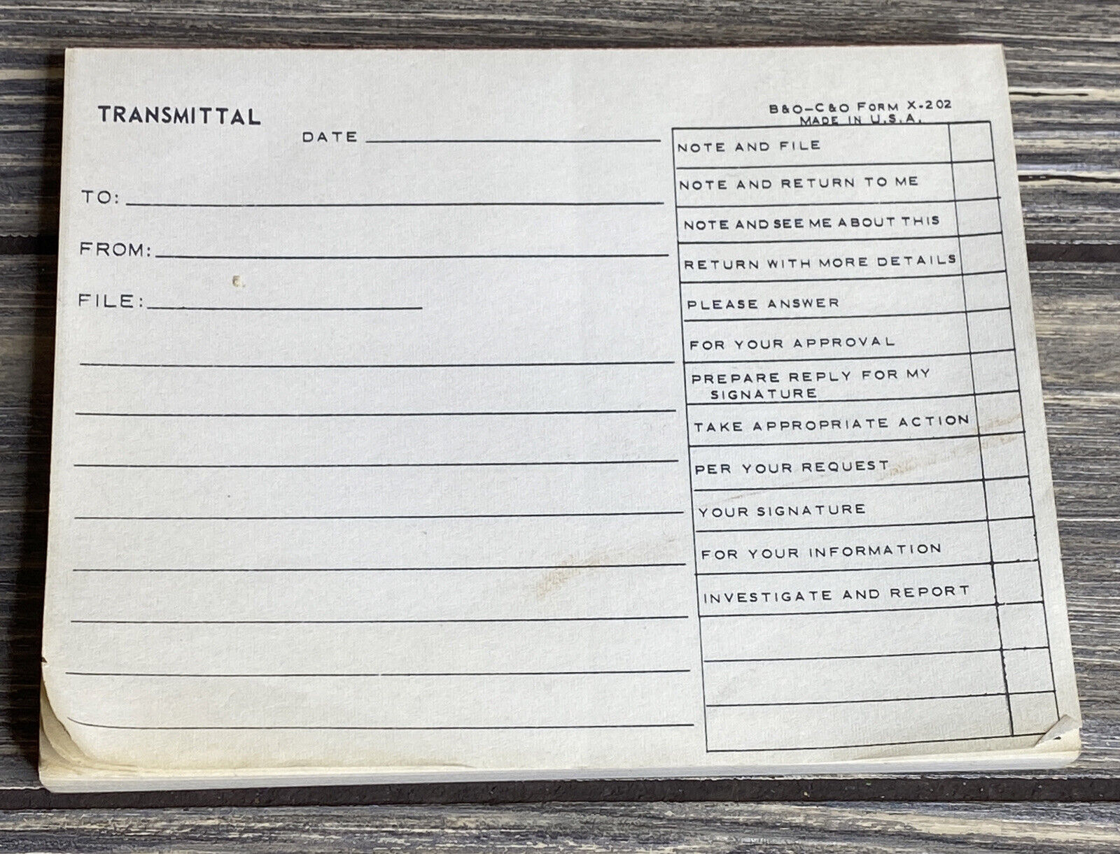 Vintage B & O C & O Form X–202 Transmittal Notepad