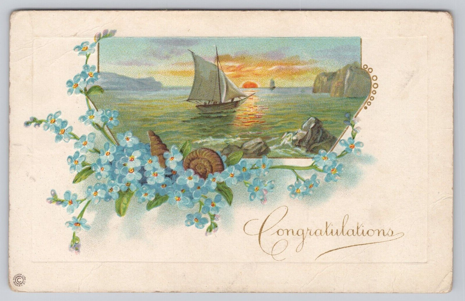 Postcard Congratulations Ship Sunset on Water Forget Me Not Flowers c1900s
