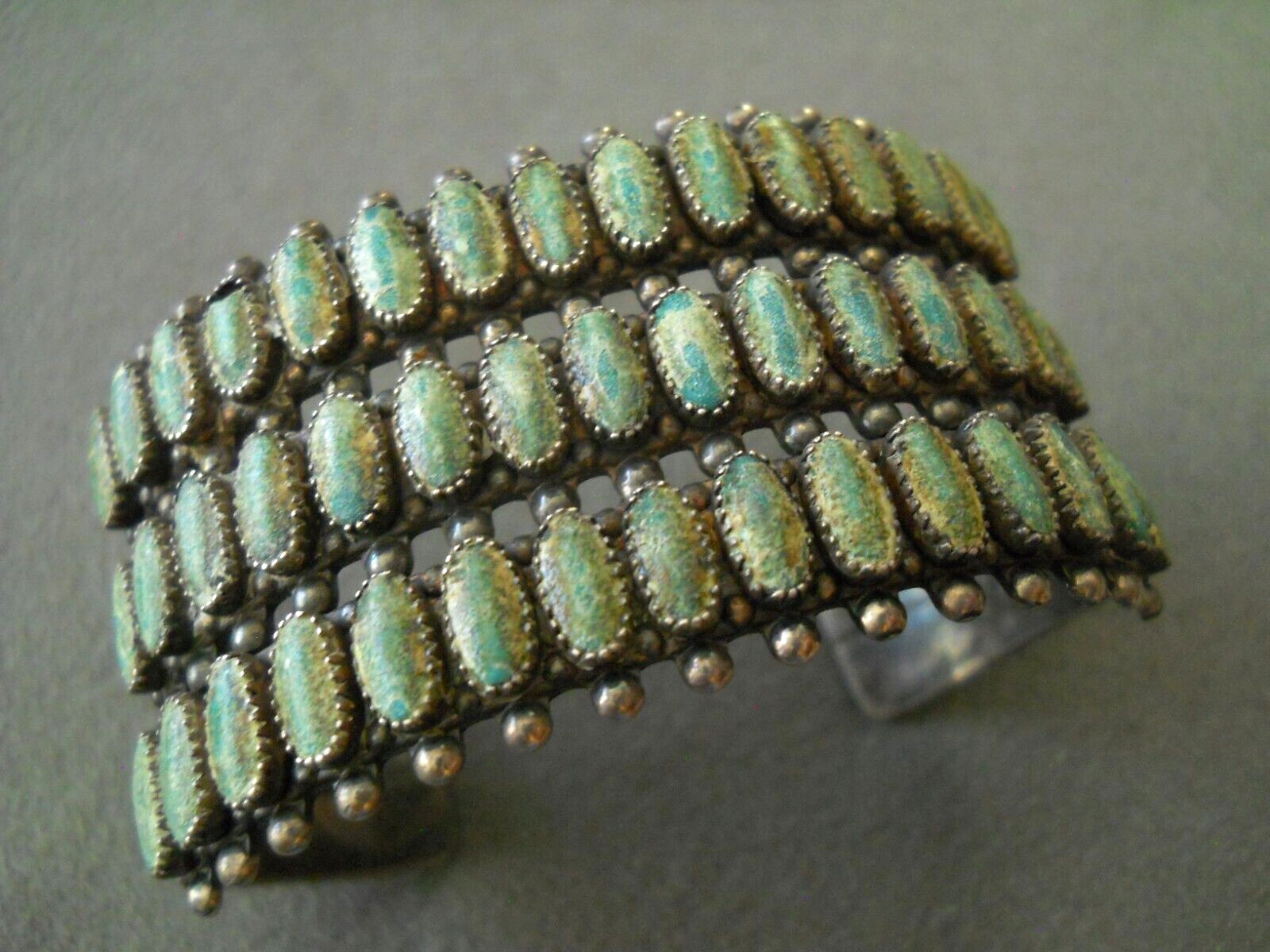 OLD Native American Turquoise 3-Row Clusters Sterling Silver Stamped Bracelet