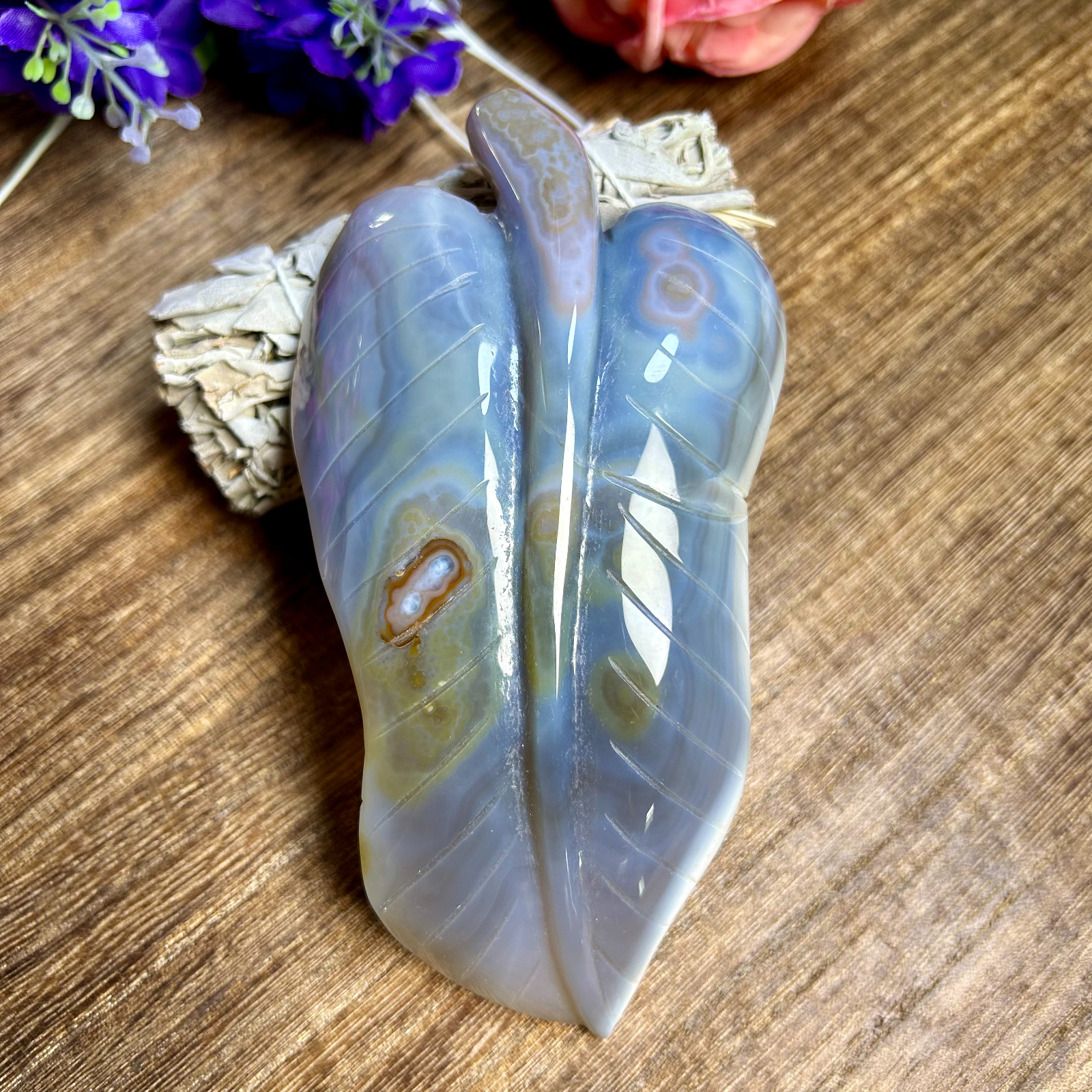 300g Natural Polished Agate Quartz Crystal Hand Carved  leaf carving 2th