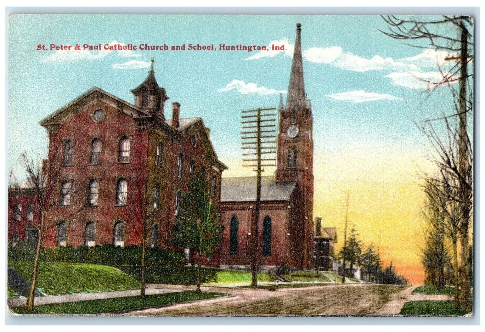 c1910 Exterior St Peter Paul Catholic Church School Huntington Indiana Postcard