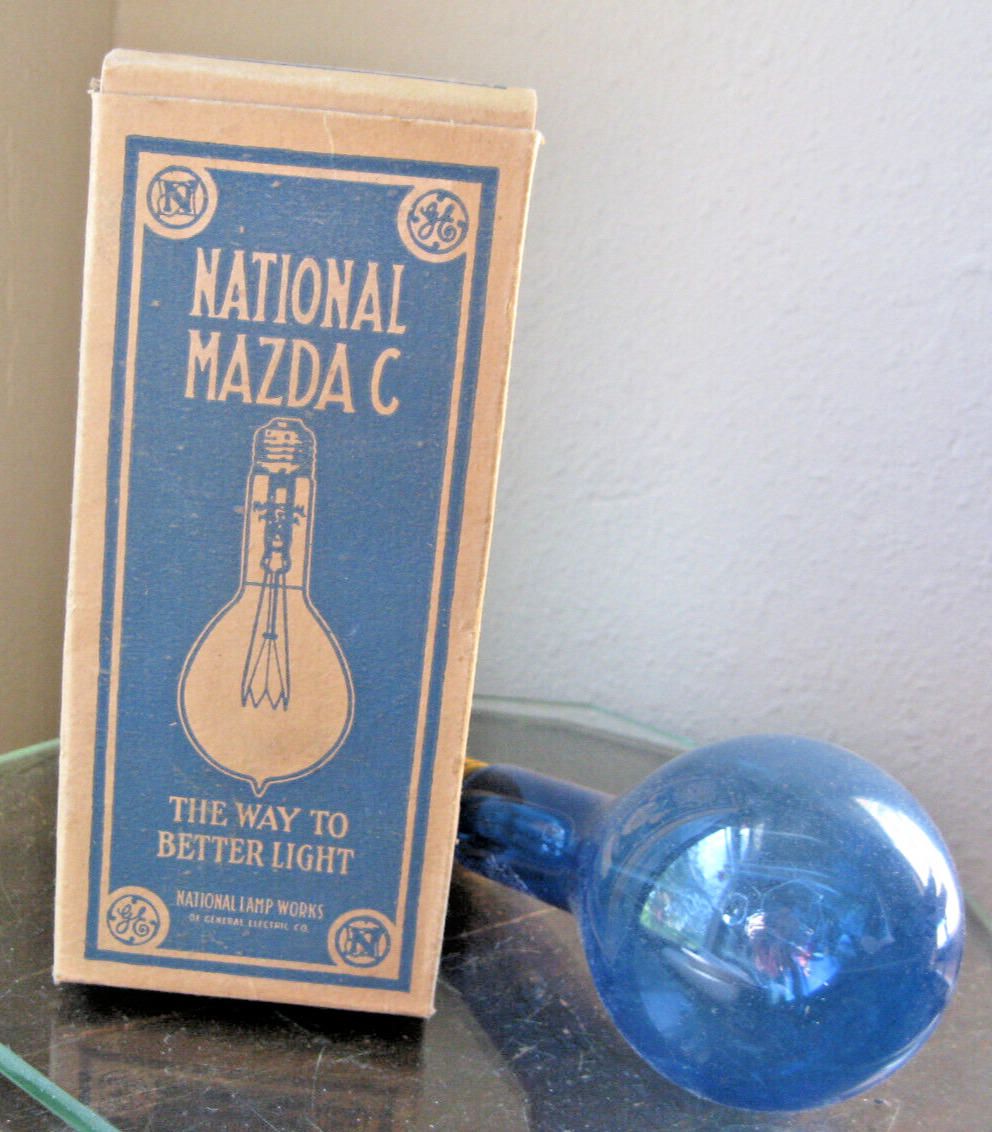 Vintage National Mazda BLUE Lamp Light Bulb & Box 100 Watt, 6-3/4\