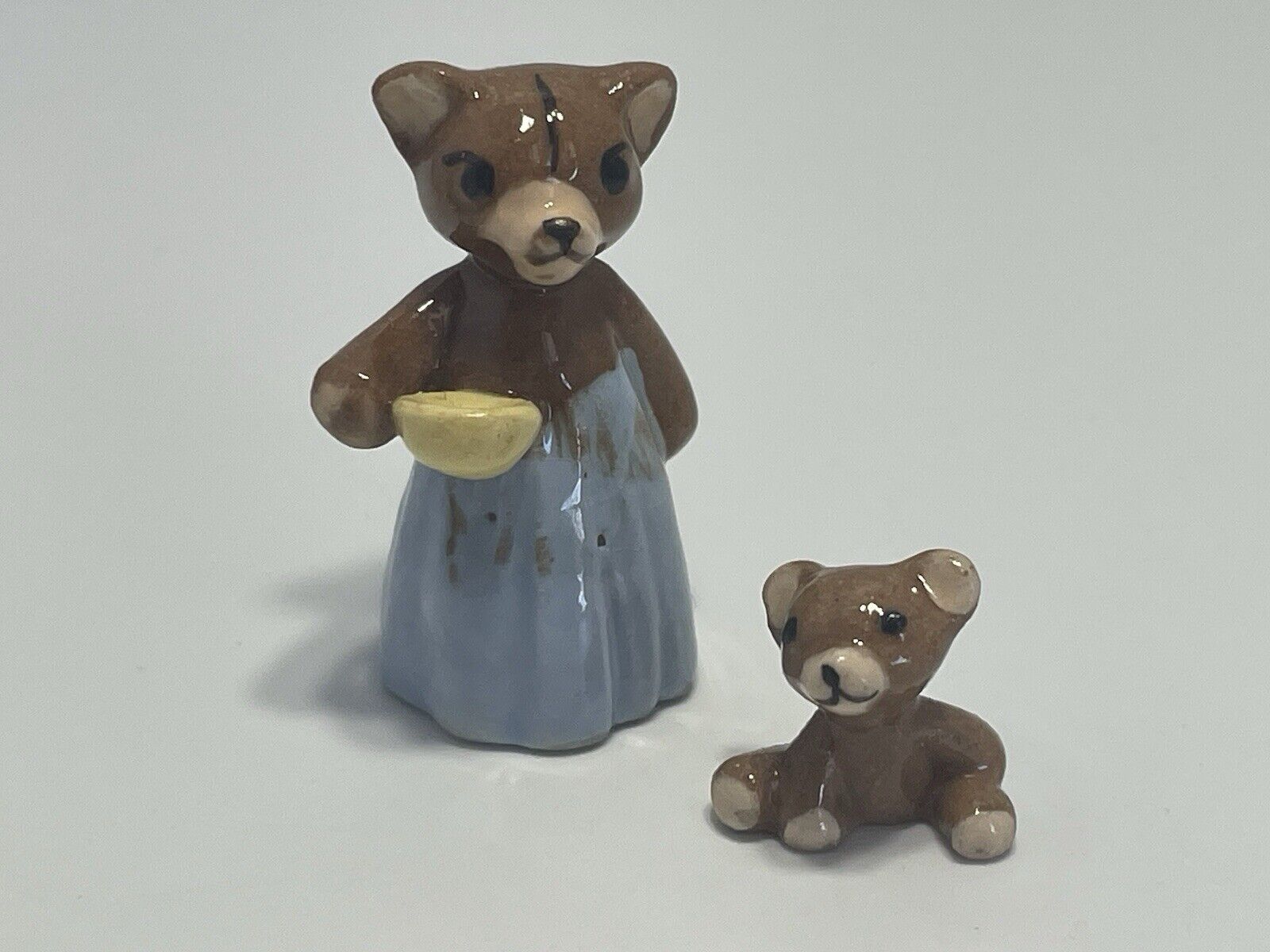 Hagen Renaker Miniature Mini Ceramic Mama Teddy Bear Blue Cup Bowl W Baby Set