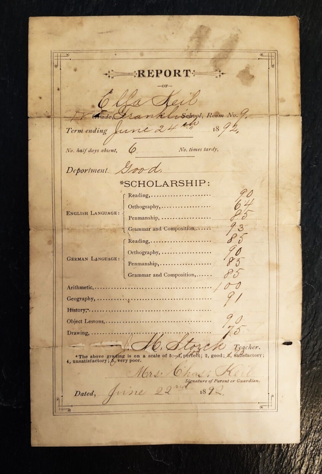 Antique 1892 Child\'s Report Card, Franklin School, Belleville, Illinois