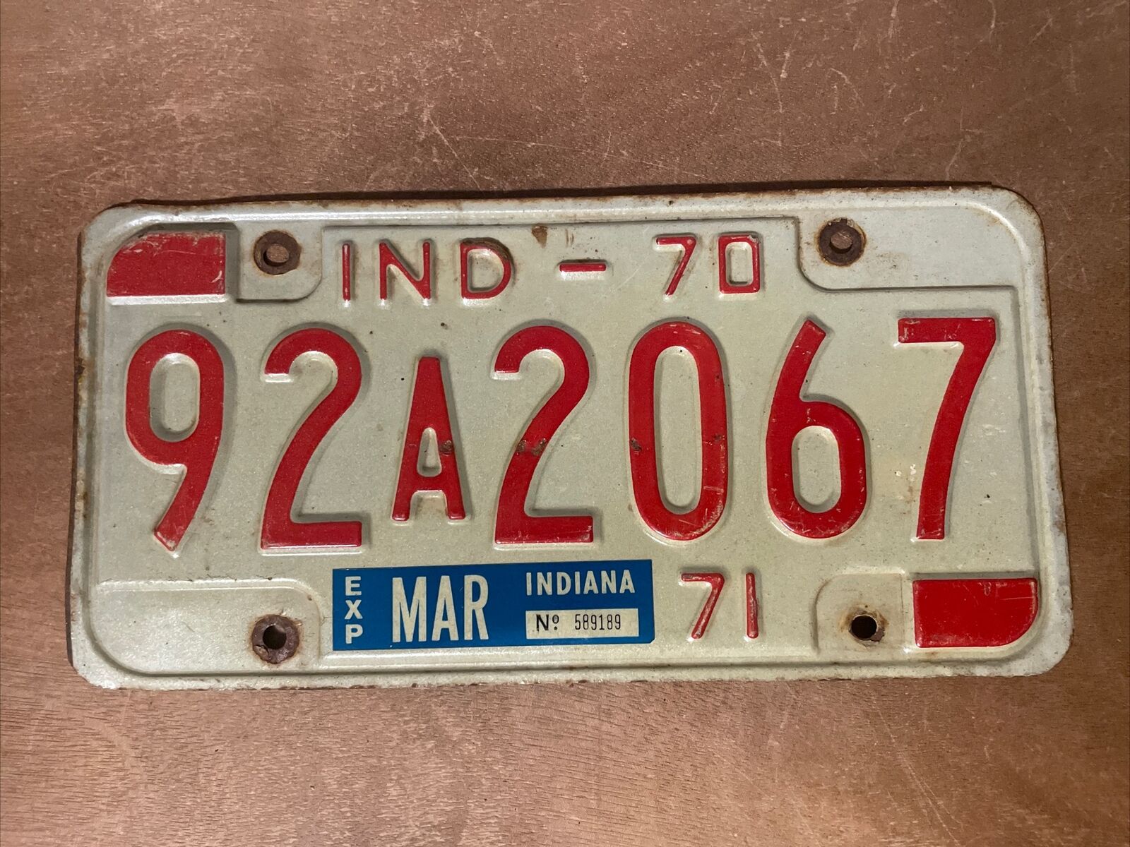 1970 1971 Indiana License Plate # 92 A 2067 Whitley County