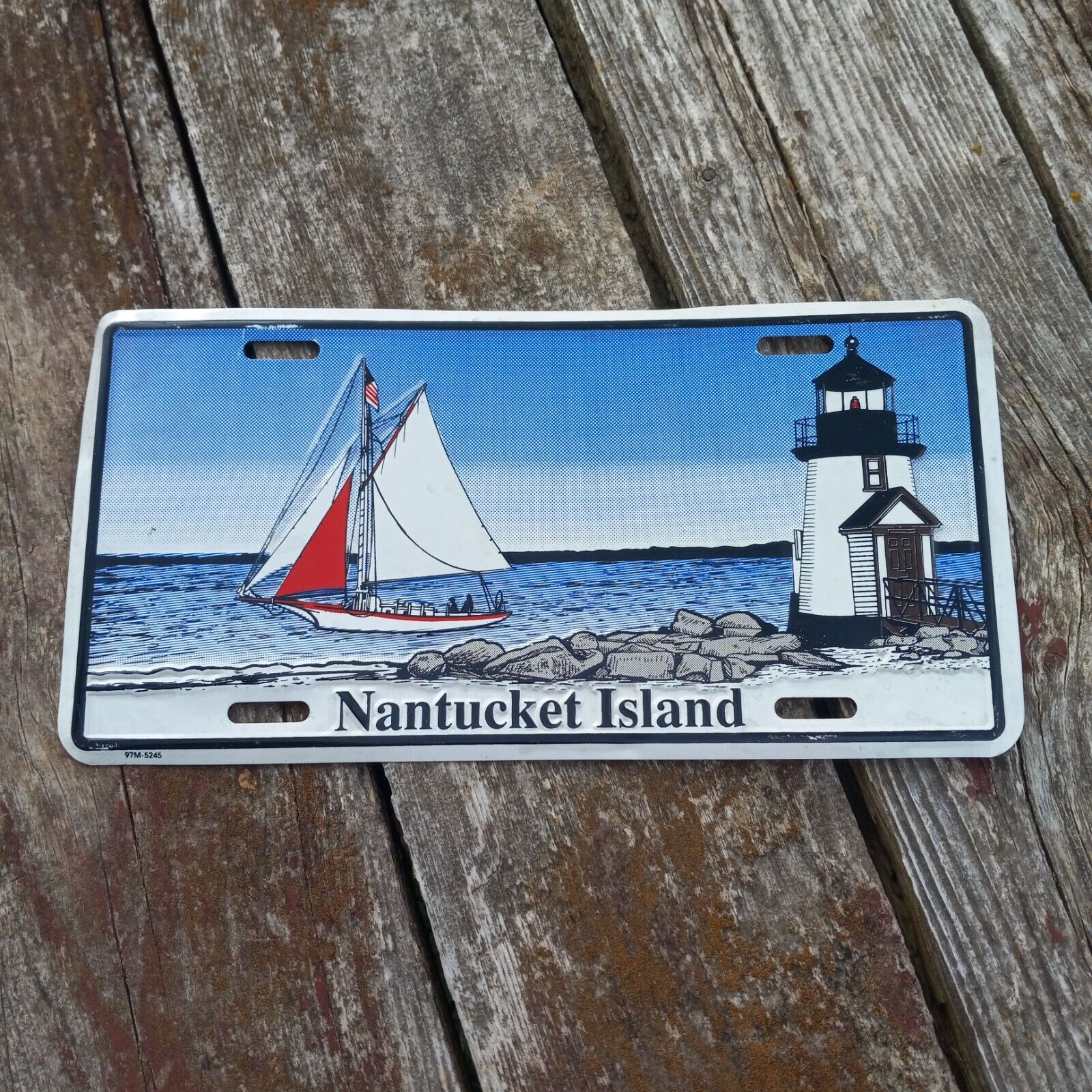 BOOSTER LICENSE PLATE: Nantucket Island lighthouse sailboat rocks