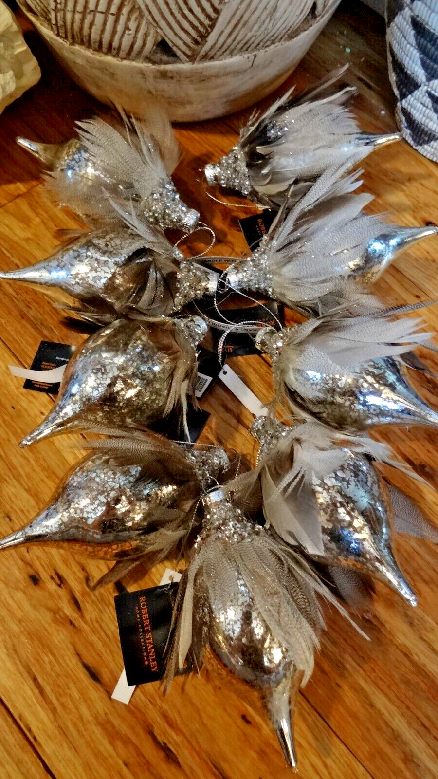 Robert Stanley Mercury Blown Glass Ornaments With Feathers And Bling Set Of 9