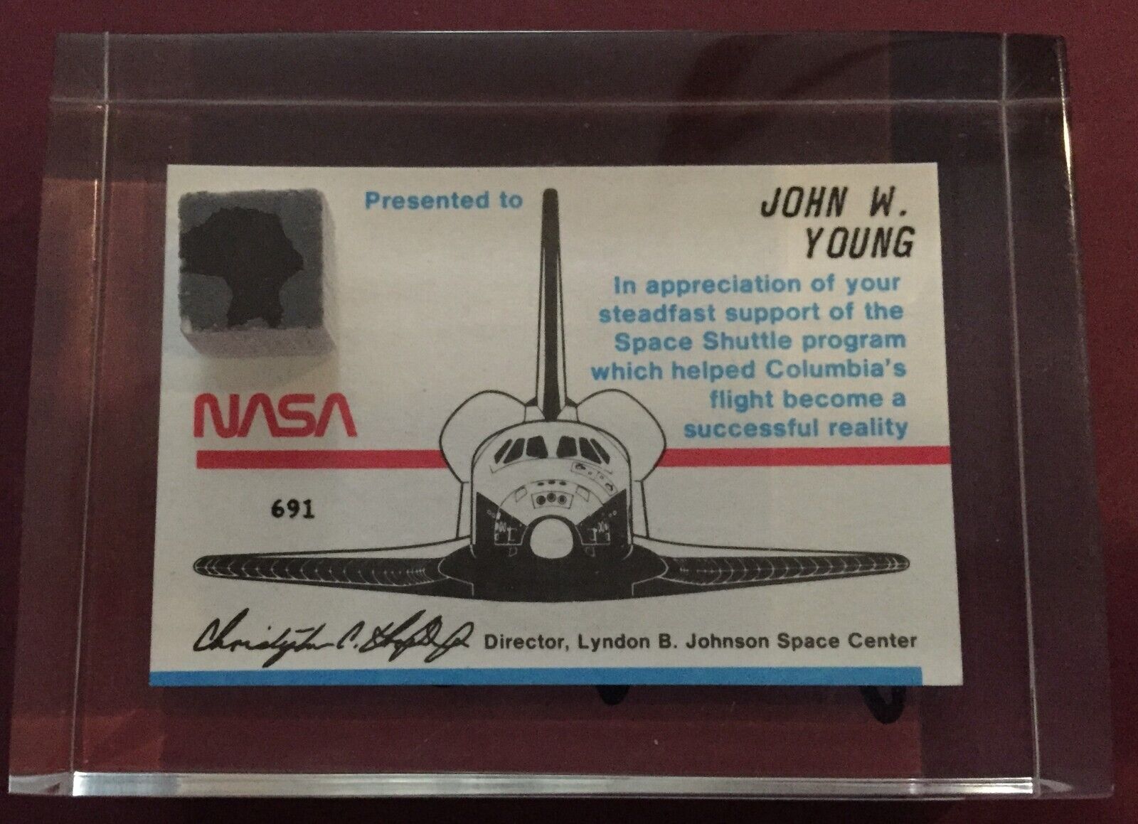 John Young's STS-1 Flown Heatshield Award Signed