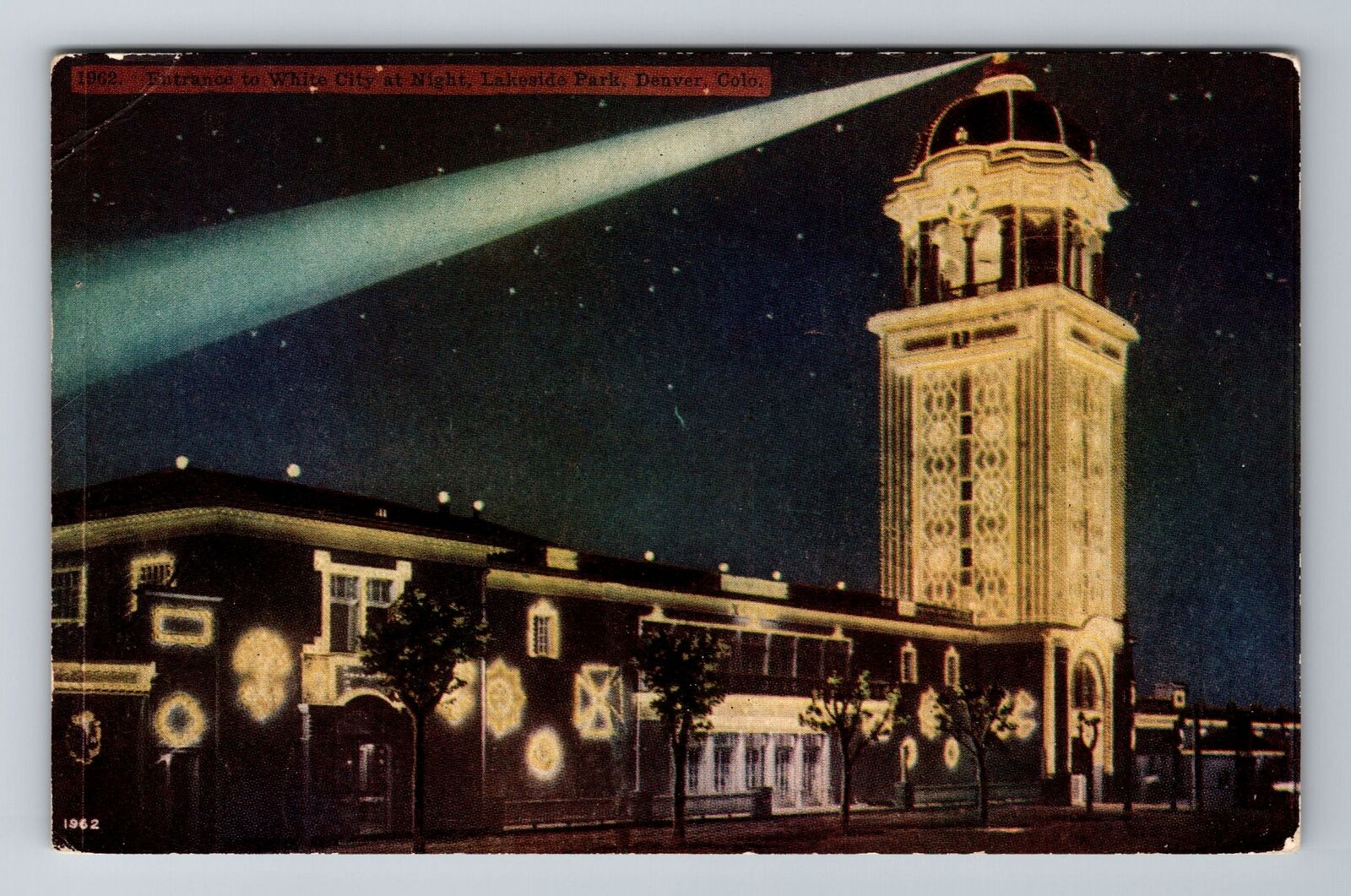 Denver CO-Colorado, Entrance To White City At Night, Antique Vintage Postcard