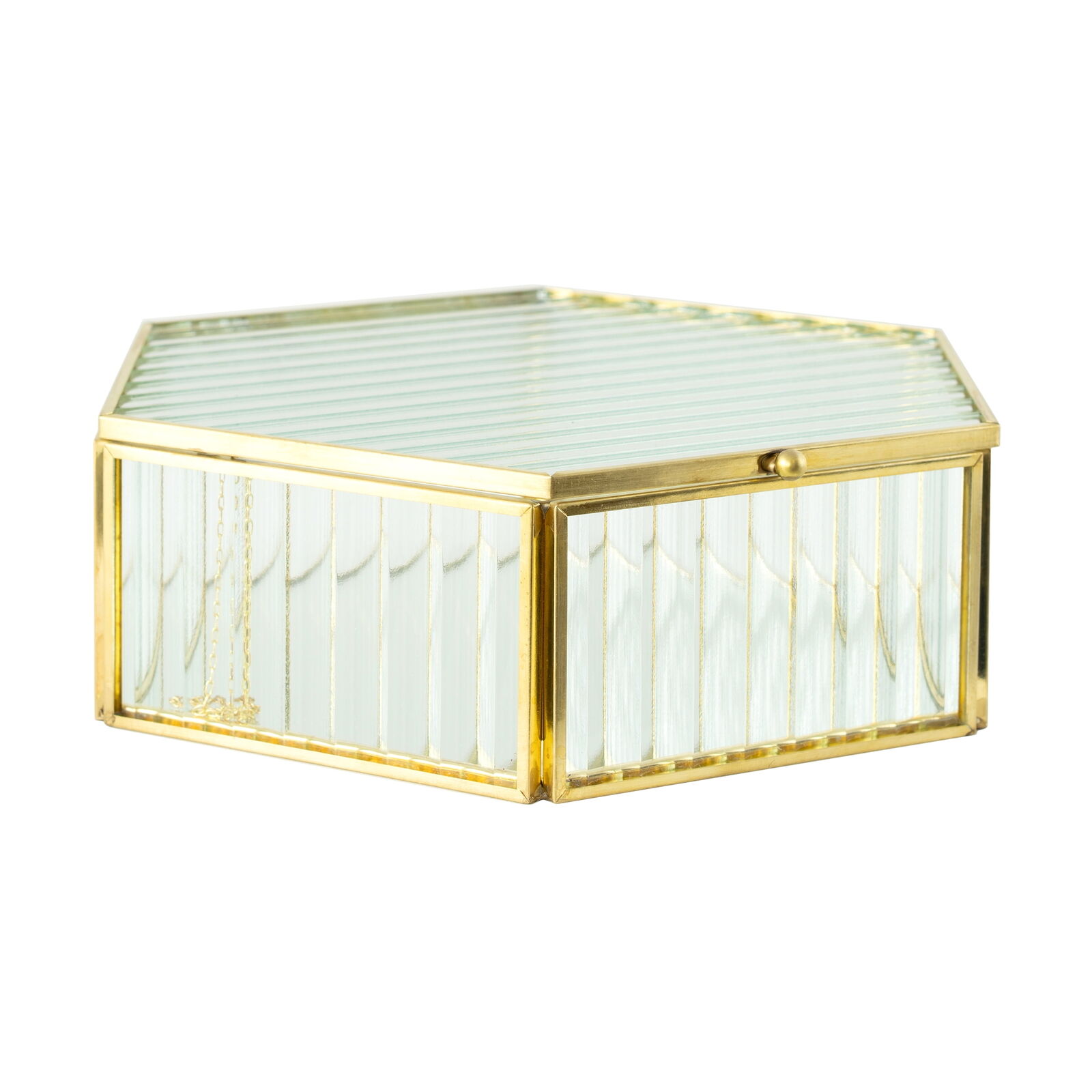 Hexagon Ribbed Clear Glass and Brass Hinged Top Jewelry Box