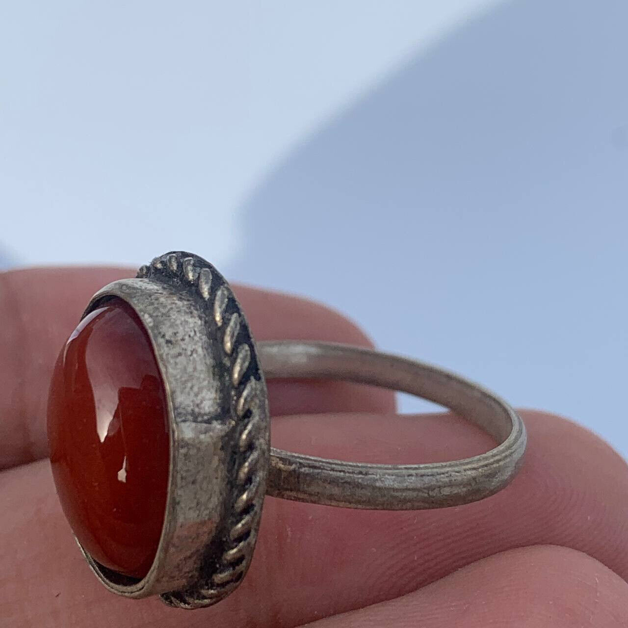 RARE ANCIENT MEDIEVAL ROMAN SILVER  WARRIOR TALISMAN RING RED STONE