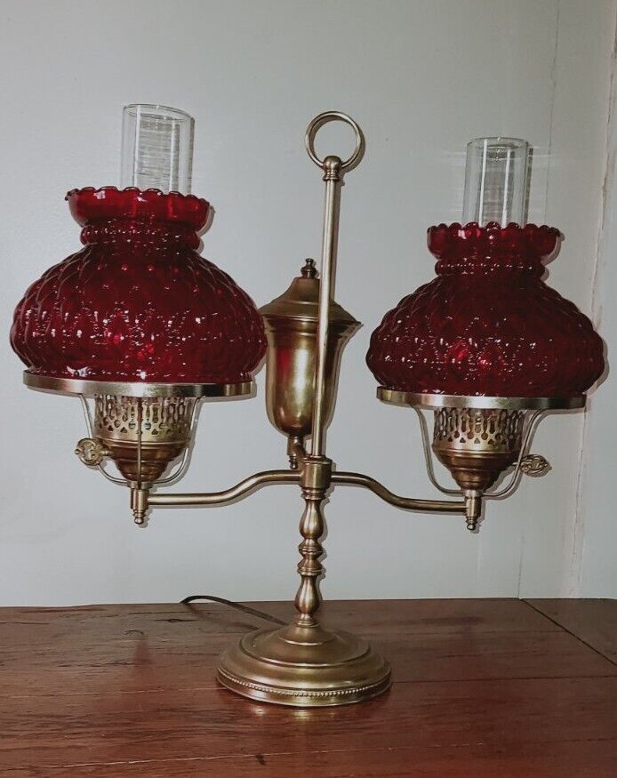 Vintage Brass Student Lamp Double Arm Red Quilted Diamond Glass Shades Electric 