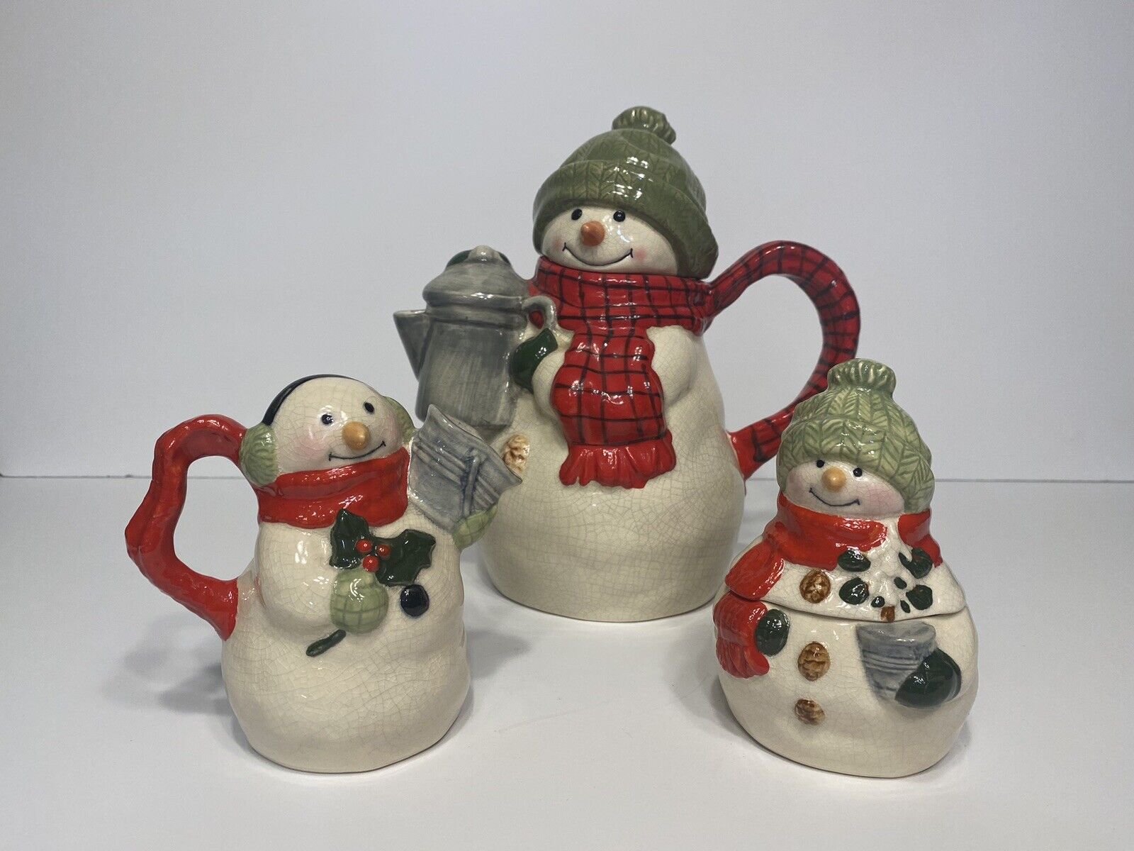 Vintage Hallmark Mitford Jan Karon Snowman Ceramic Teapot With Creamer & Sugar