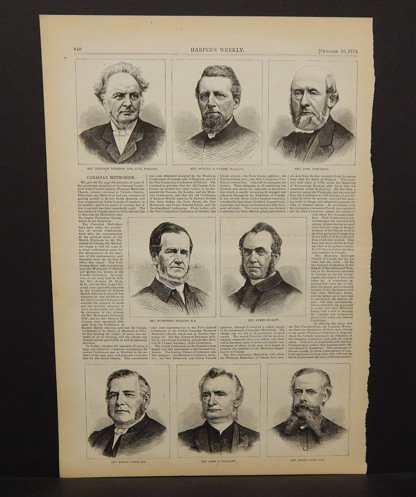 Harper\'s Weekly Single Pg Canadian Methodism- Portraits of Members 1874  A10#94