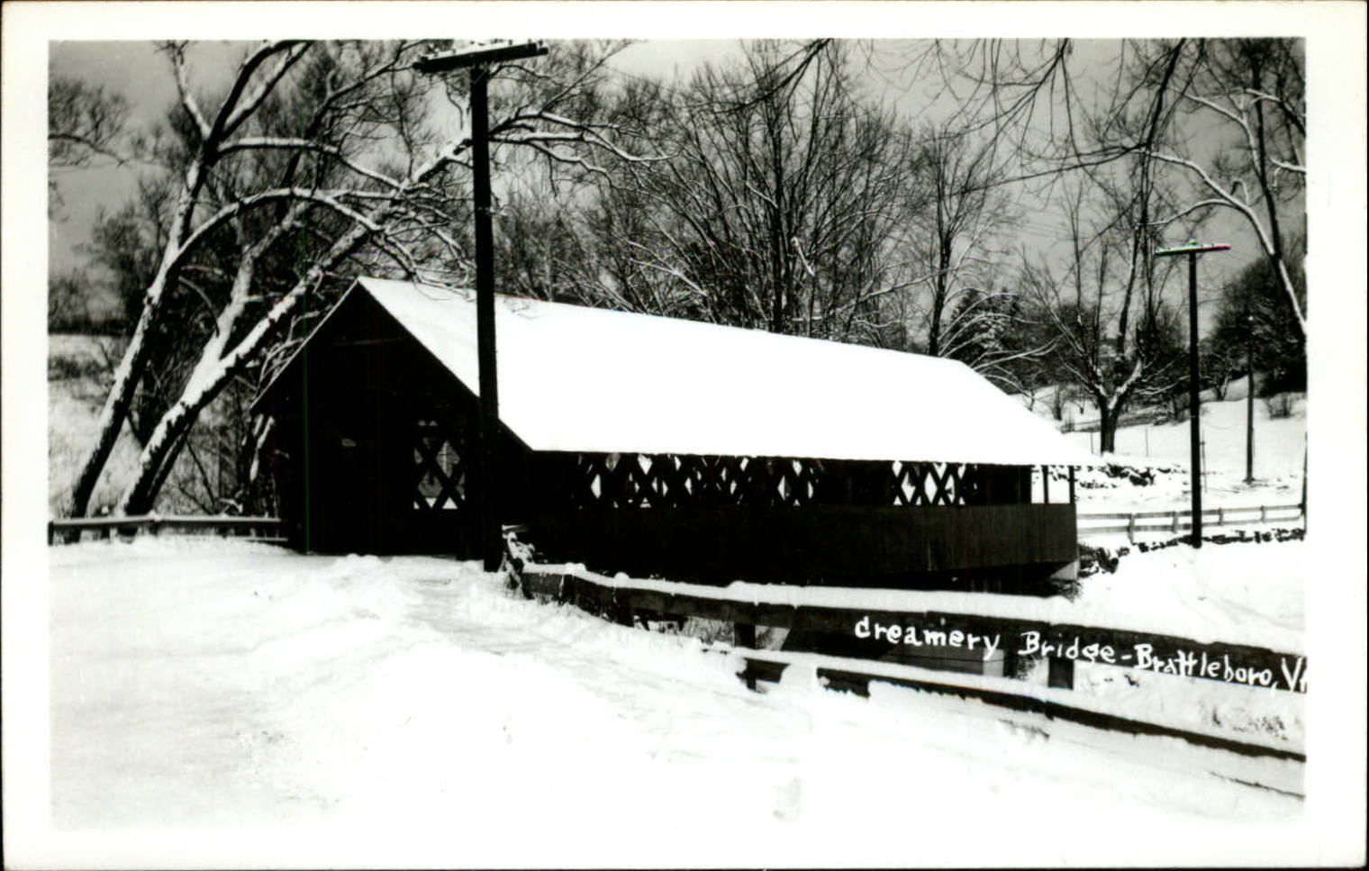 RPPC Creamery Covered Bridge Brattleboro VT ~ winter snow ~ real photo postcard