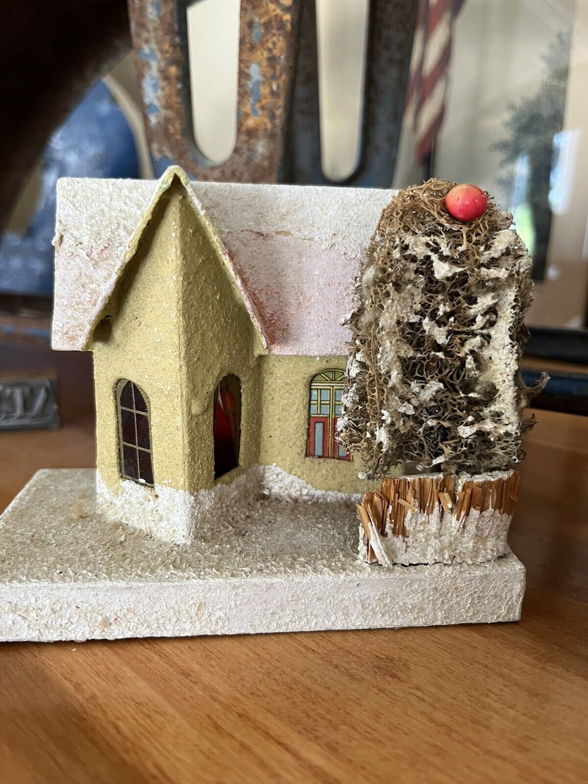 Vintage Christmas Village Cardboard House With Loofah Tree