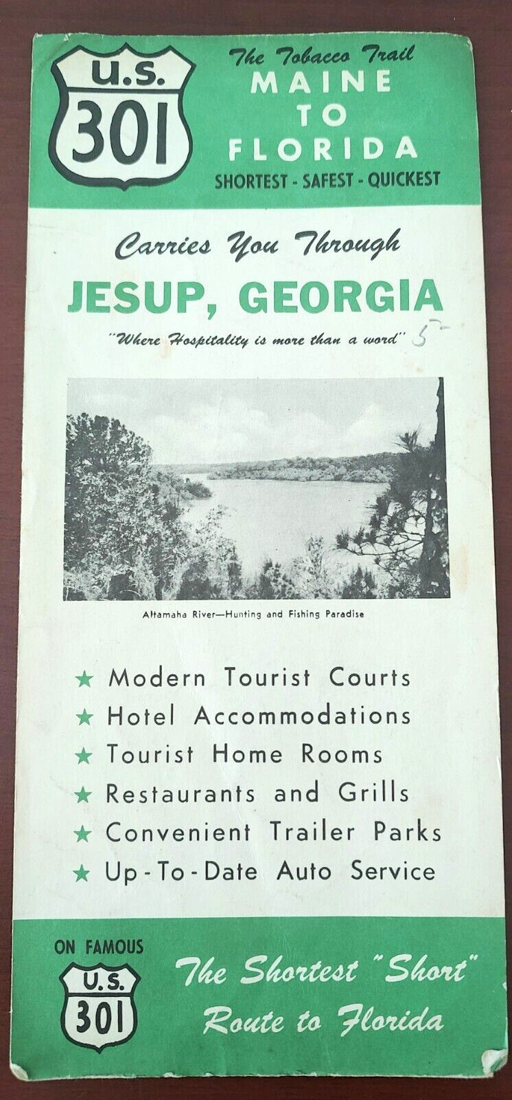 Vintage US Hwy 301 Tobacco Trail Jessup GA Tourist Road Map Maine to Florida
