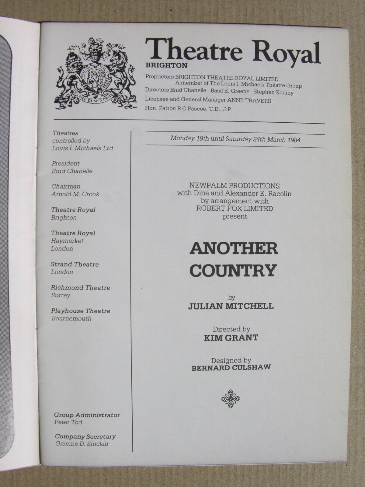 1984 ANOTHER COUNTRY Julian Mitchell, Pip Torrens, John Dougall, BRIGHTON ROYAL