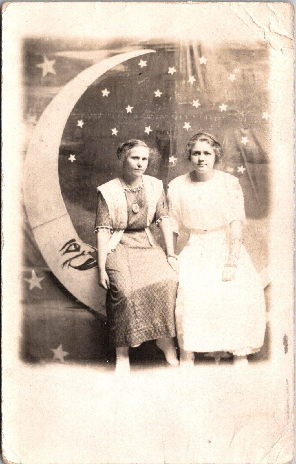 1912 RPPC Postcard Women On Paper Moon Studio Portrait Marion Indiana JC15