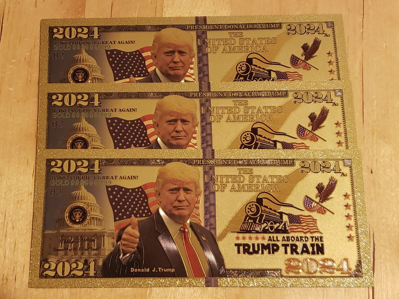 3 All Aboard the Trump Train MAGA 2024 Gold Foil Embossed Commemorative Bill NEW