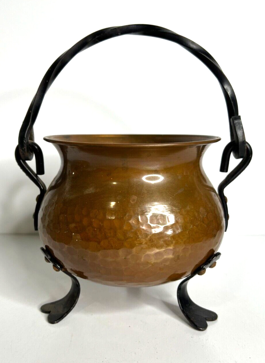 Vintage GEKRO Hammered Copper Pot Kettle Cauldron Wrought Iron Handle Germany