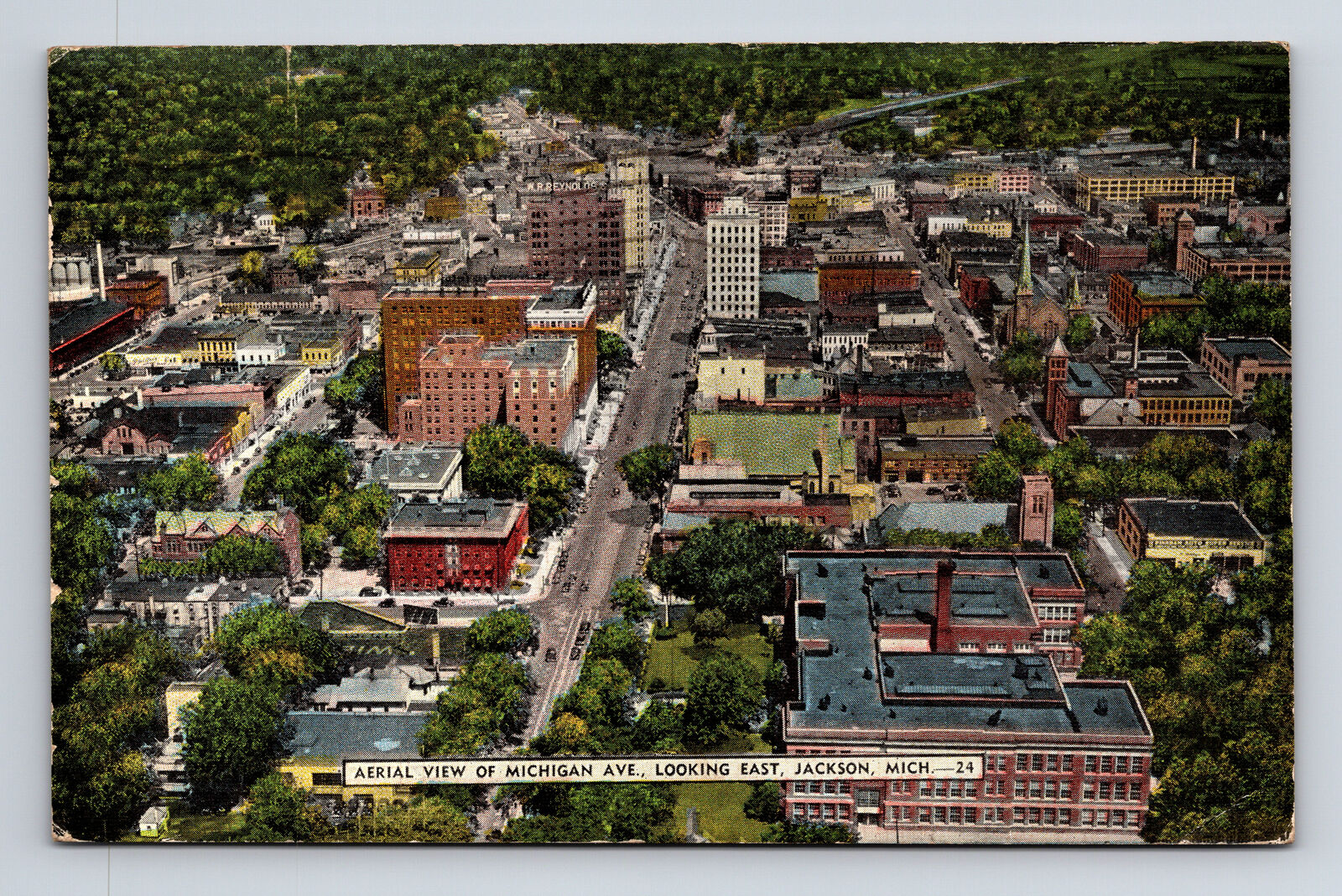 c1946 Aerial View of Michigan Ave Looking East Jacksonville Michigan MI Postcard