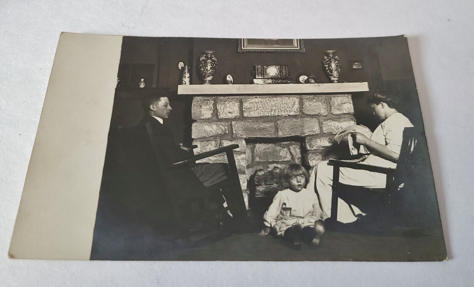 Vintage Real Photo Postcard - Family in front of Hearth - Man Woman Child