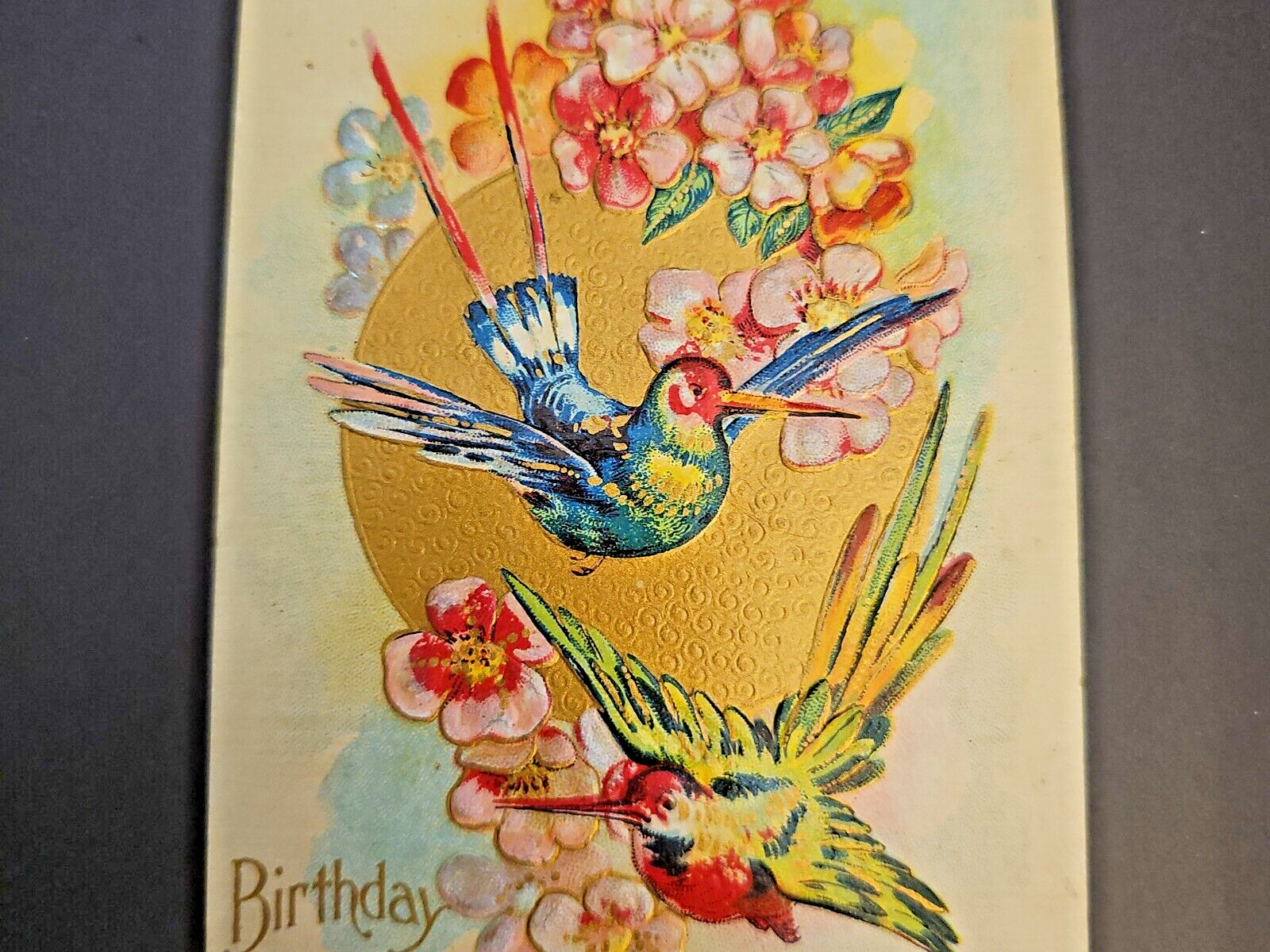 Vintage Birthday Postcard Embossed Hummingbirds Posted Stamp 1909 Apple Blossom