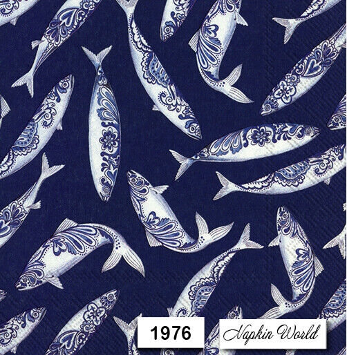 (1976) TWO Individual Paper LUNCHEON Decoupage Napkins  DECORATIVE FISH NAVY WHT