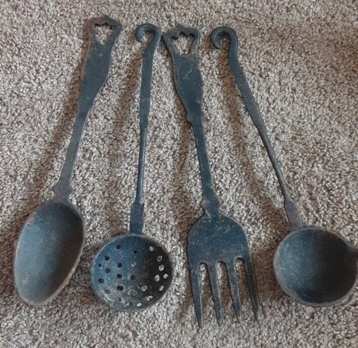 4 Piece Vintage Cast Iron Hanging Utensil Set Fork Spoon Ladle Strainer NO Rack