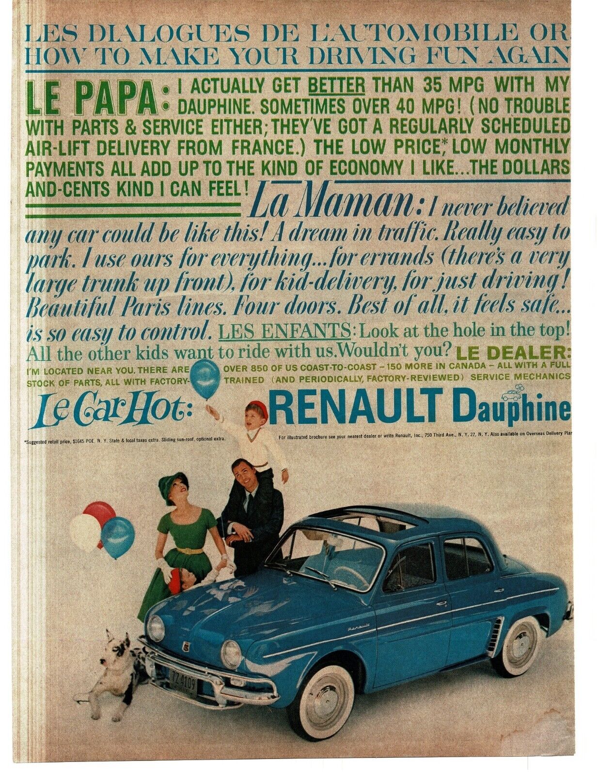 1959 Renault Dauphine Blue 4-door Sedan Le Car Hot Vintage Print Ad