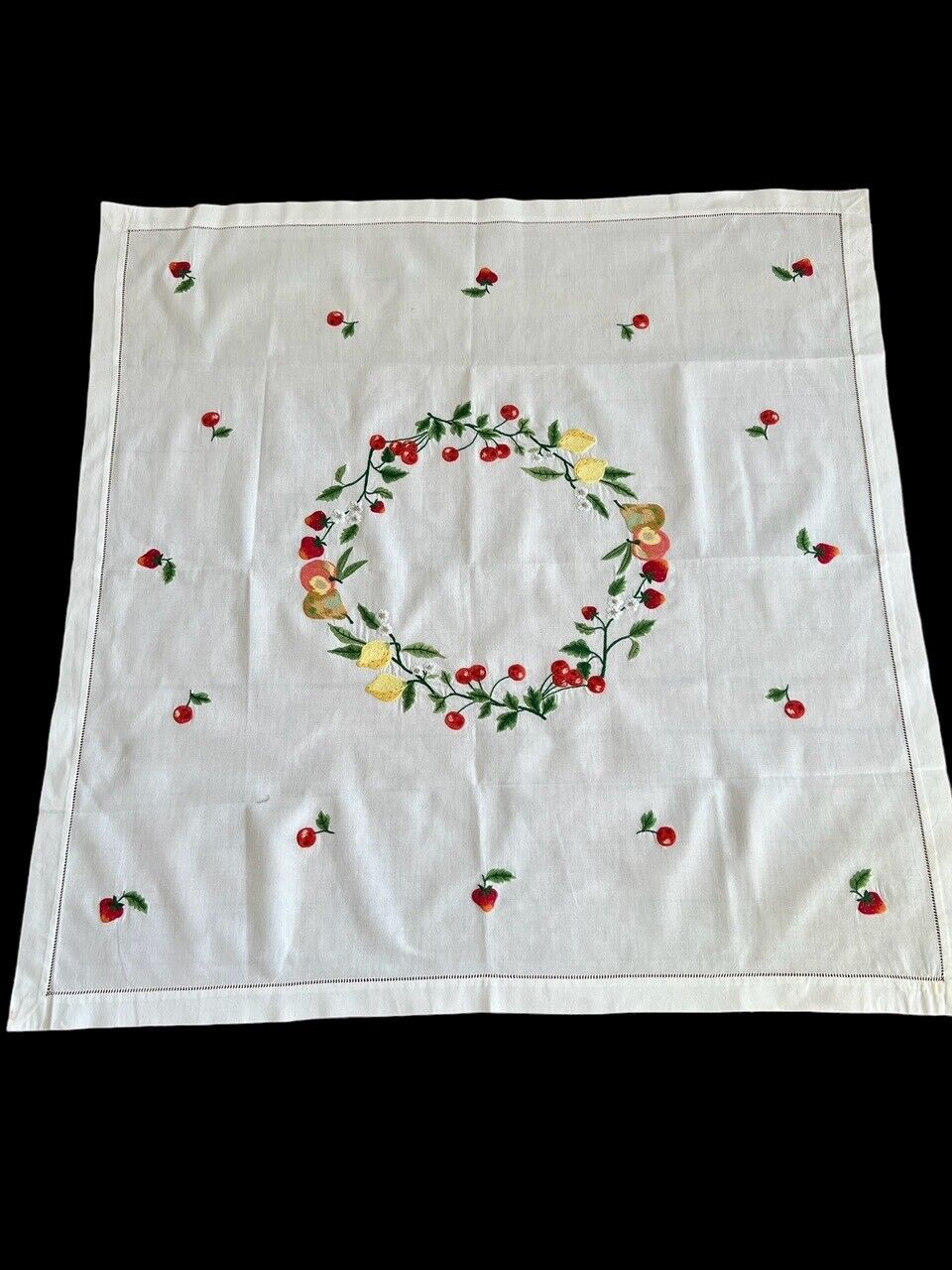 LOVELY EMBROIDERED TABLECLOTH W/POLYCHROME EMBROIDERY W/WREATHS AND FRUIT