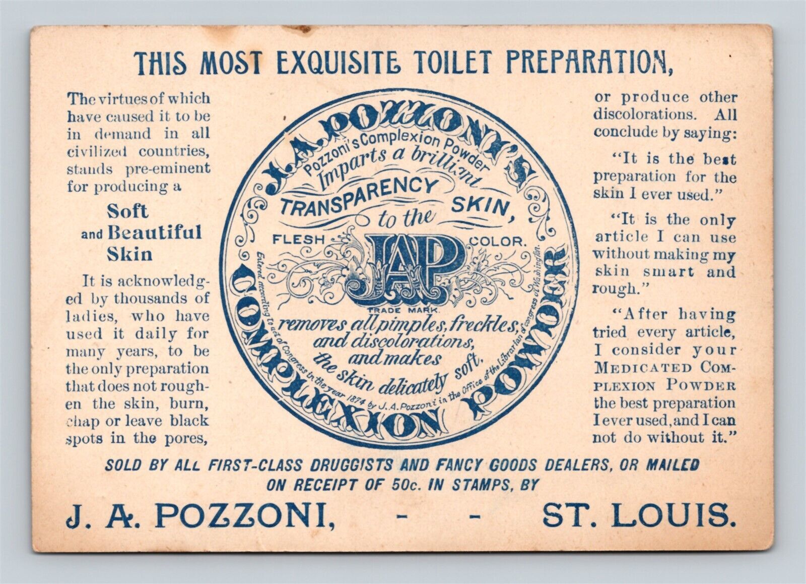 1874 J A Pozzoni\'s Complexion Powder St. Louis Missouri Victorian Trade Card