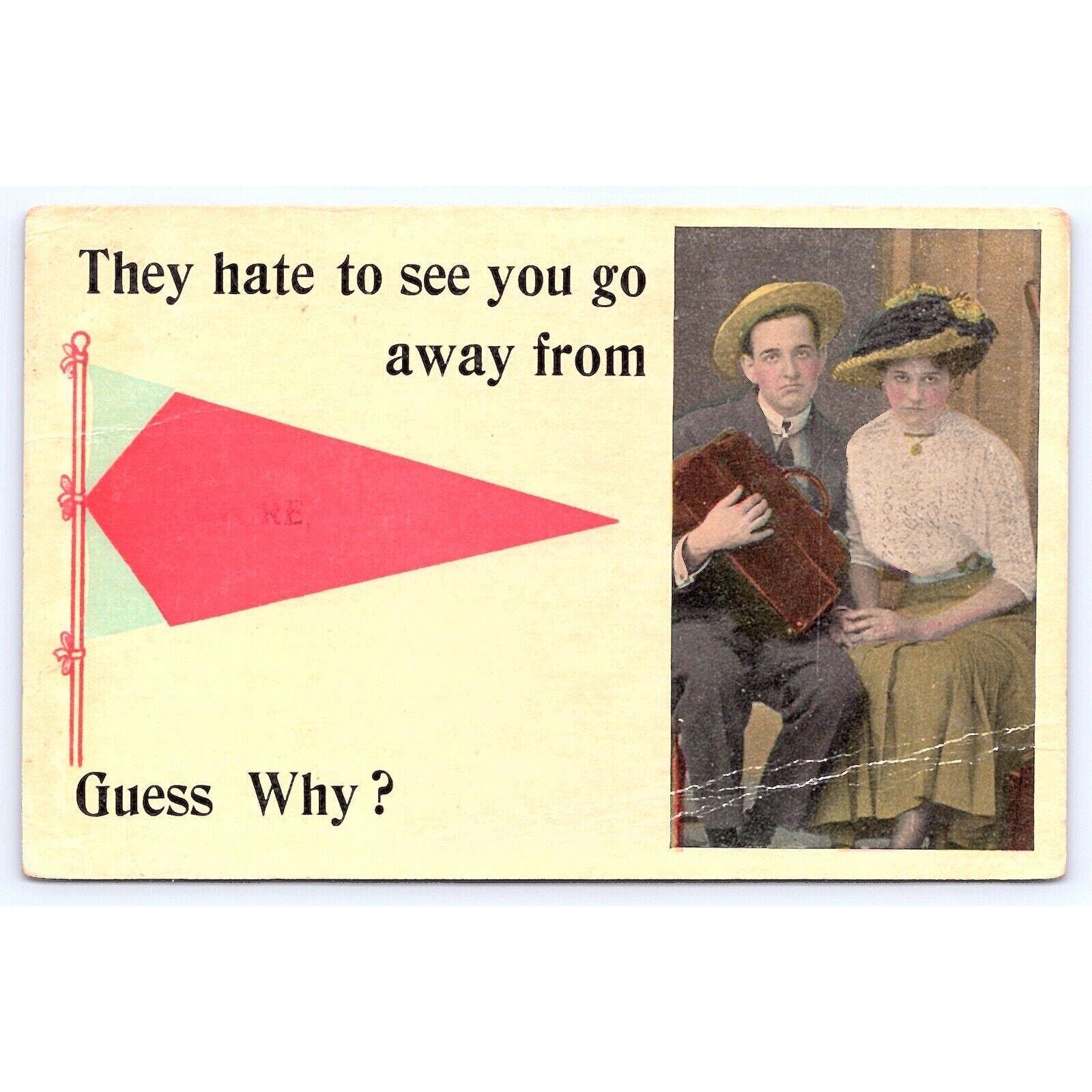 1914 They Hate to See You Go Away from Rumore Minnesota Guess Why Postcard 01228