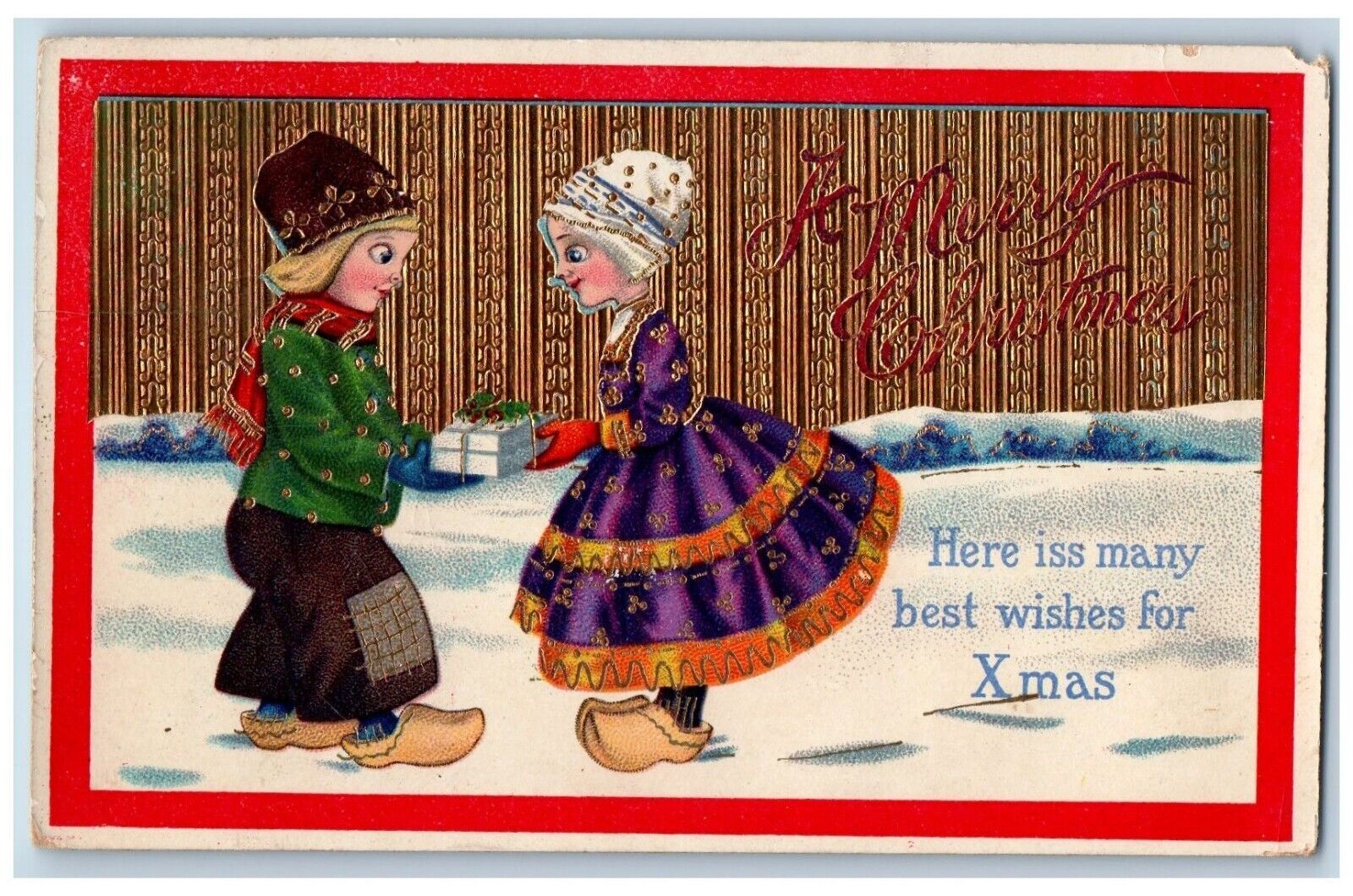 Christmas Postcard Dutch Kids With Gift Winter Scene Gel Gold Gilt 1914 Antique