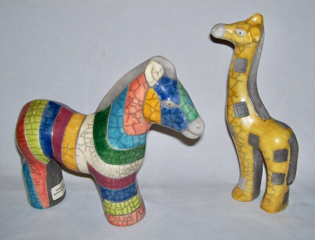Early Hand Made Stylized & Colorful HORSE and GIRAFFE Figurines ~ South Africa