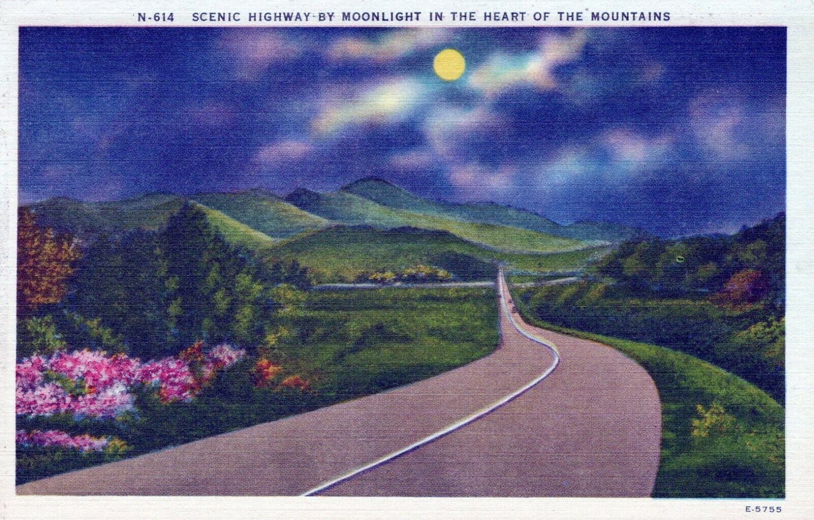 Scenic Highway Moonlight In Heart Of The Mountains Vintage Linen Post Card