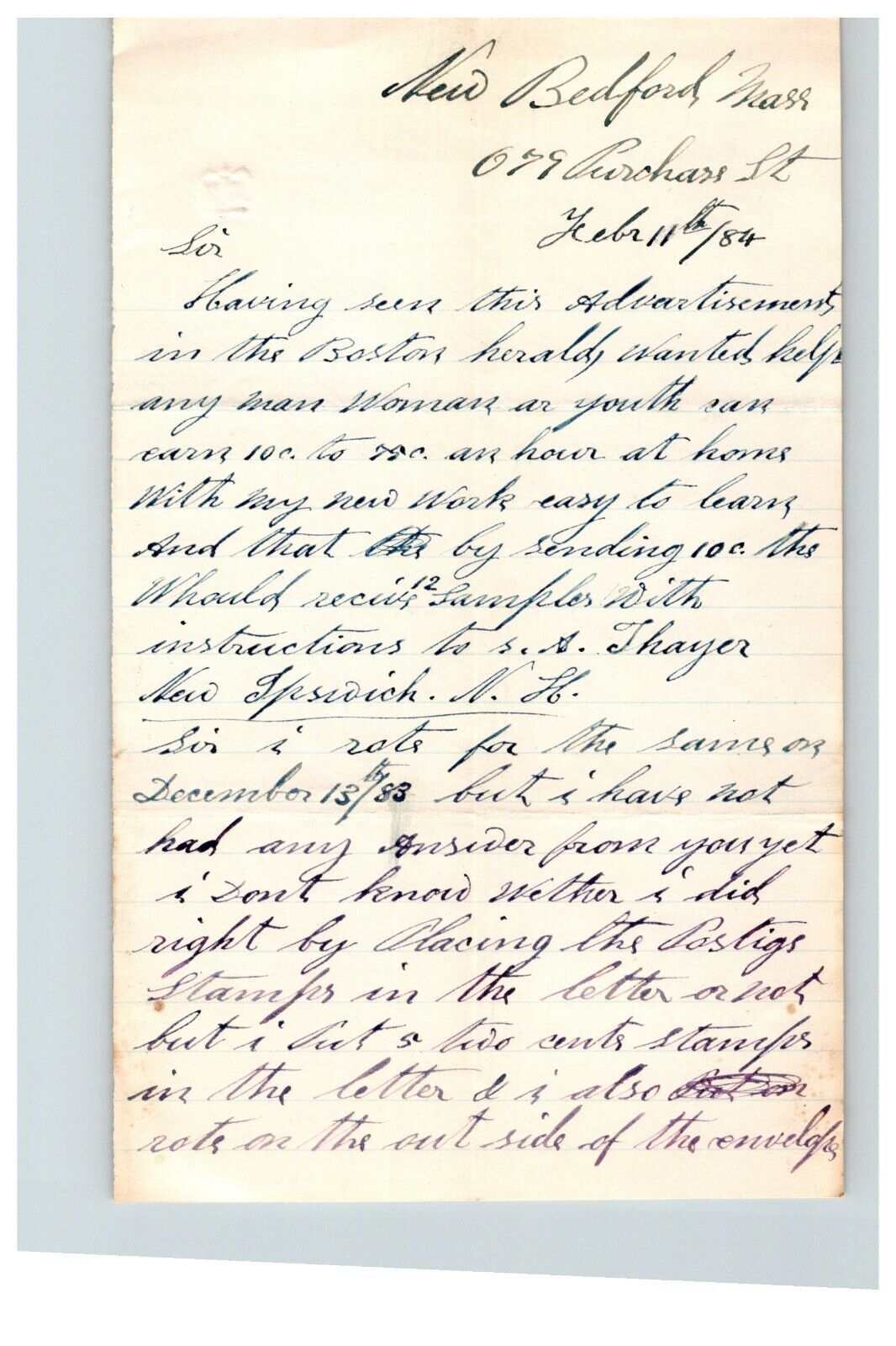 1884 Handwritten Letter Edward J Atkinson New Bedford Massachusetts Stamp Crown