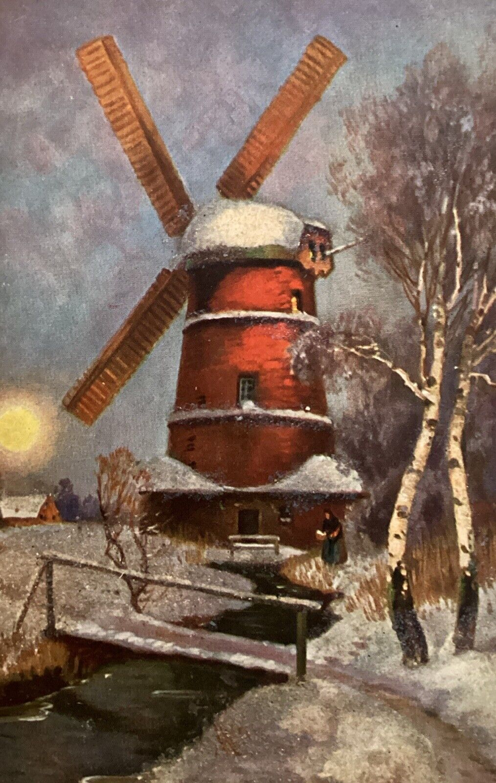 Vintage Glitter Postcard Winter Scene ~ Windmill Birch Trees Wood Foot Bridge
