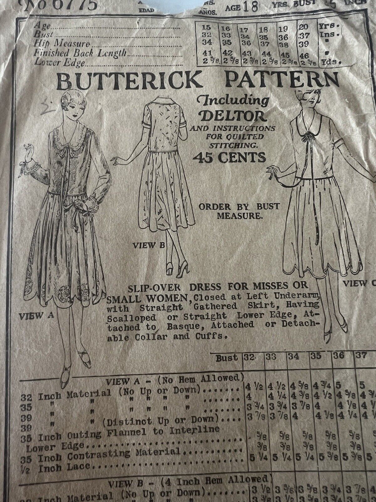 Antique Sewing Pattern 1920s Butterick Women’s Dress Age 18 Bust 35 Inch #6775