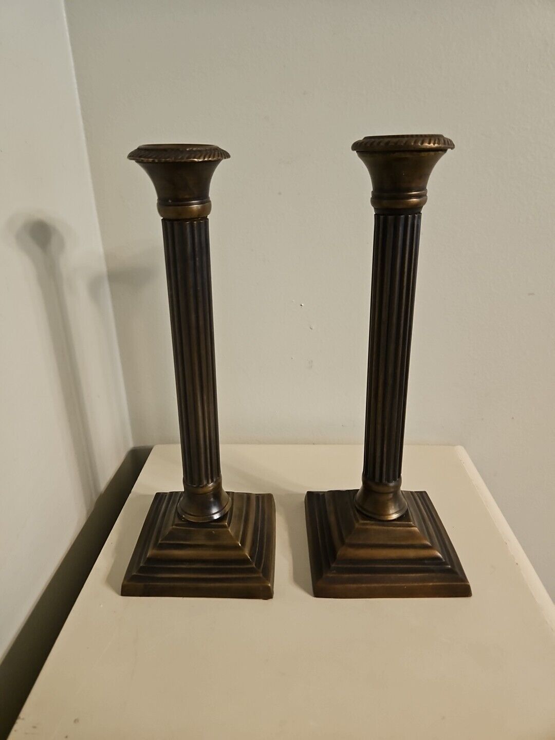 Vintage Antique Brass Column Pillar Candlesticks Holders Square Base Pair Brown