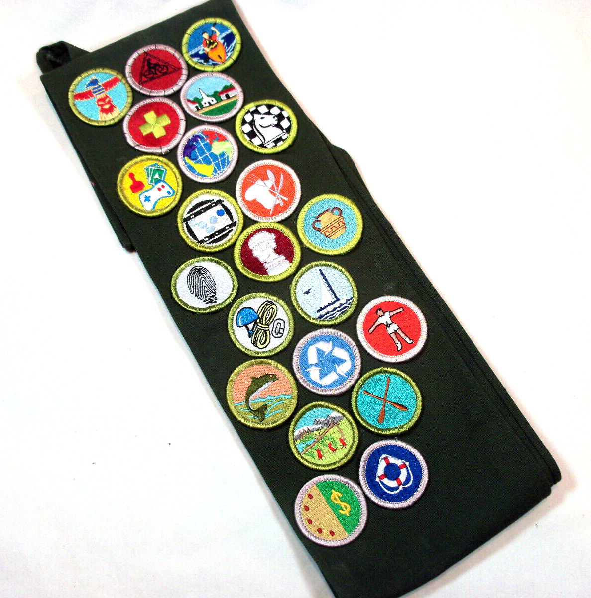 Vintage Original BSA Boy Scout Green Sash with 22 Merit Badges Patches