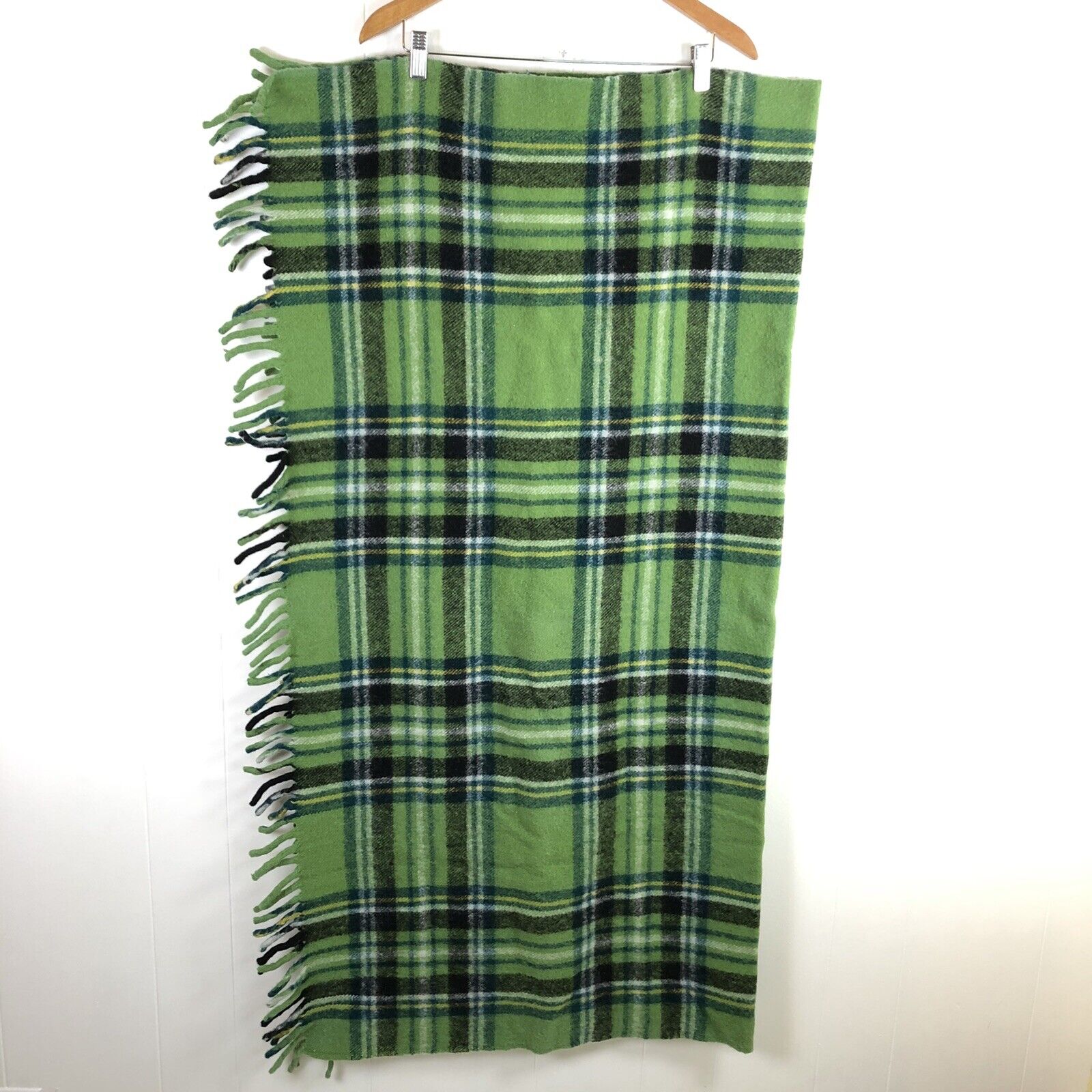 Vintage 60s Paris Woolen Mills Green Plaid Tartan Wool Throw Blanket Stayton OR