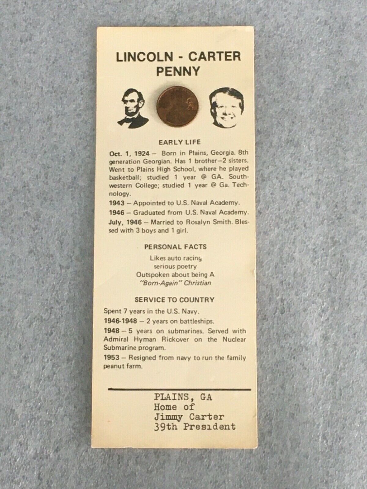 LINCOLN - CARTER  PENNY  ON ACHIEVEMENT CARD  from  PLAINS GEORGIA  
